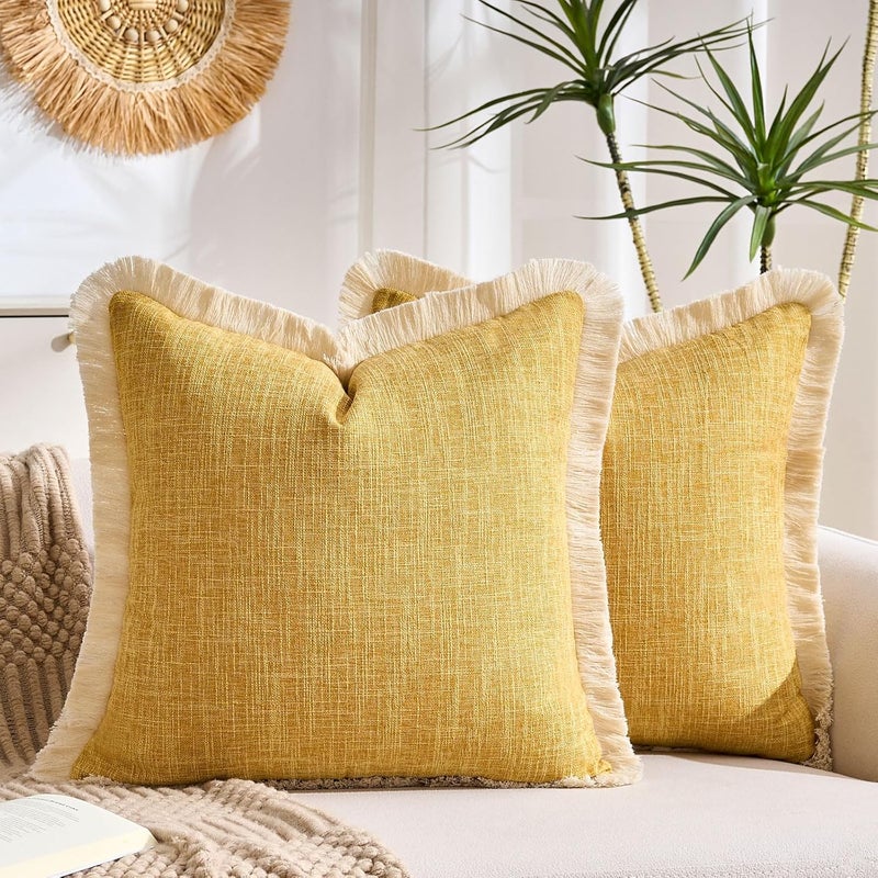 KWLET Boho Pillow Cover 20x20 Inch Decorative Square Throw Pillow Cover Neutral Pillowcase for Couch Bedroom Living Room, Mustard Yellow - Image 1