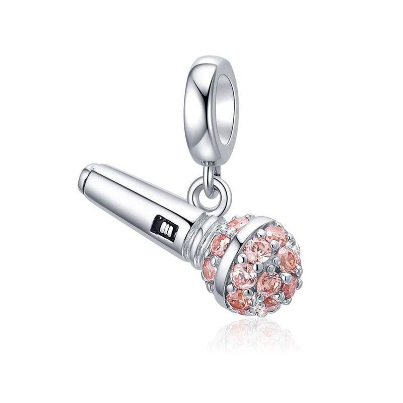 SOUKISS I Love Music Microphone Voice Charms 925 Sterling Silver Champagne Crystal Pendants fit Pandora Bracelet Necklace (Microphone Voice Charms) - Image 1
