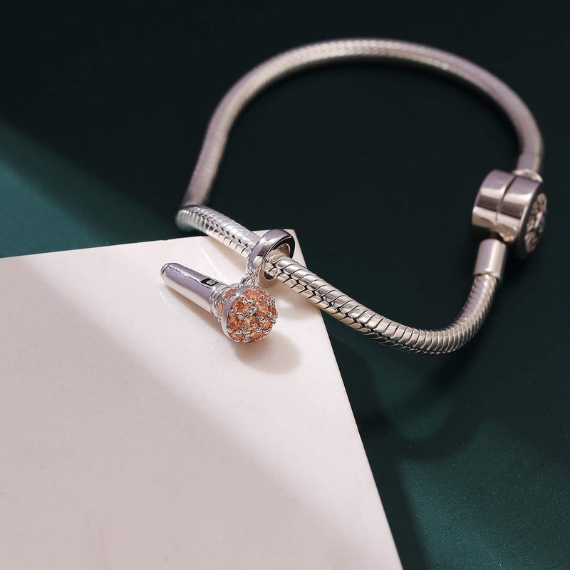 SOUKISS I Love Music Microphone Voice Charms 925 Sterling Silver Champagne Crystal Pendants fit Pandora Bracelet Necklace (Microphone Voice Charms) - Image 2