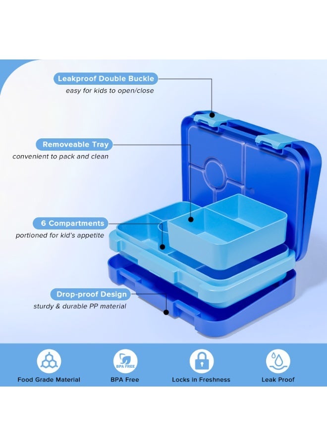 Yakiter Bento Box Lunch Box, 810ML Bento Box for Kids Children with 6 Compartments Cutlery Set, Leak Proof Lunch Box for Kids Adults, Snack Box for School Kindergarten,Nursery, Office（Blue） - Image 2