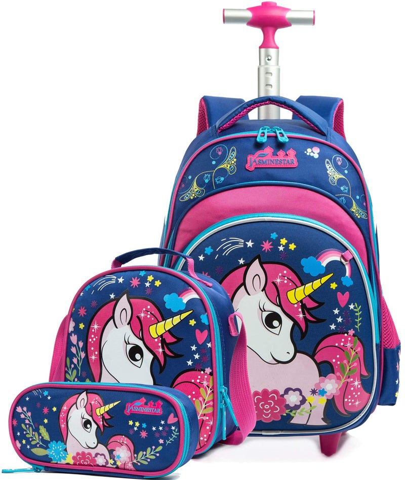 Meetbelify Girls Unicorn Rolling Backpacks Kids Backpack with Wheels for Girls School Bags with Lunch Box - Image 1