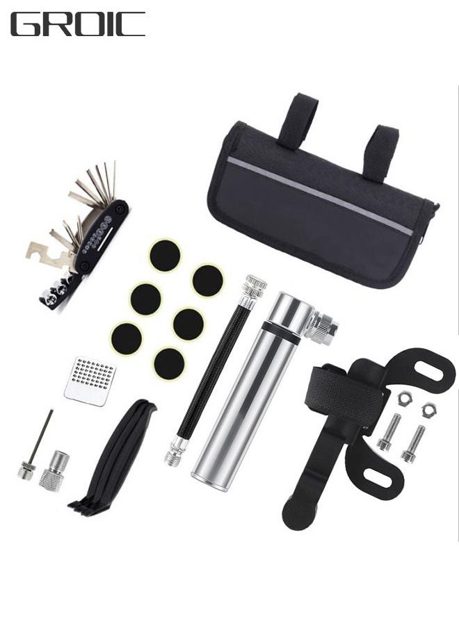 GROIC - Bicycle Bike Repair Tool Kit Bag with Tire Pump, Portable Patches Fixes,  Inflator, Maintenance For Camping Travel Essentials Safety Emergency Set - Image 1