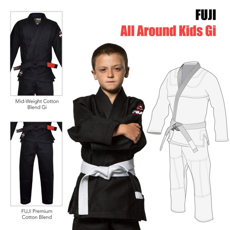 FUJI Kids All-Around Brazilian Style Jiu Jitsu Uniform with C0-Sized White Belt, Black, Size C1 - Image 4
