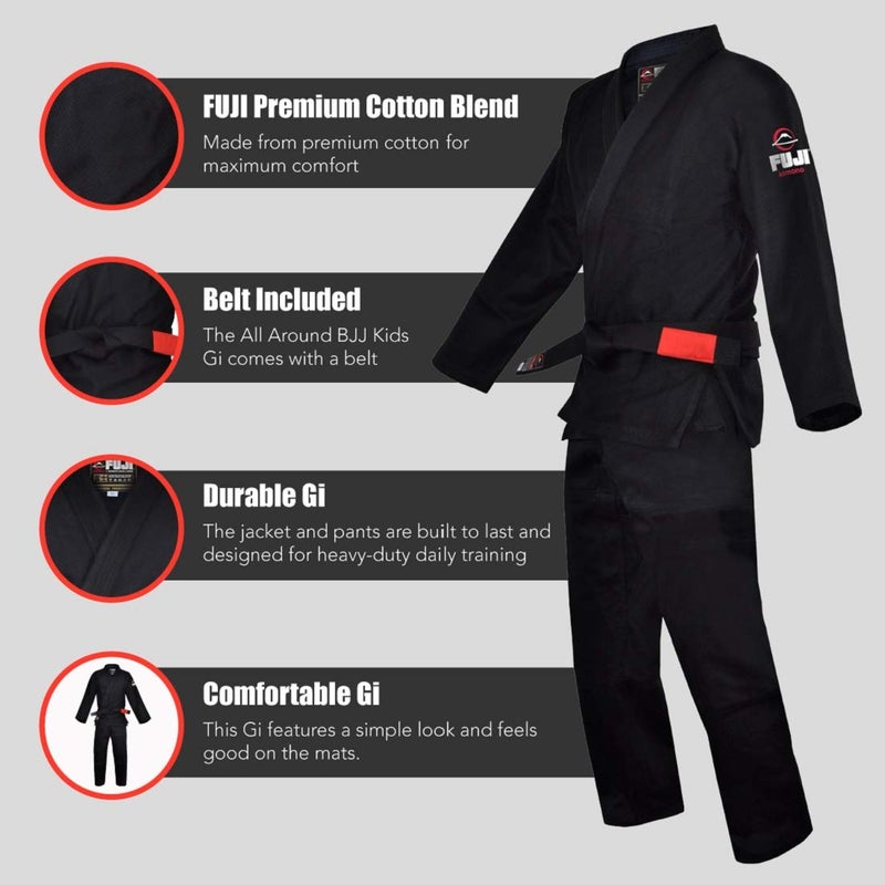 FUJI Kids All-Around Brazilian Style Jiu Jitsu Uniform with C0-Sized White Belt, Black, Size C1 - Image 3