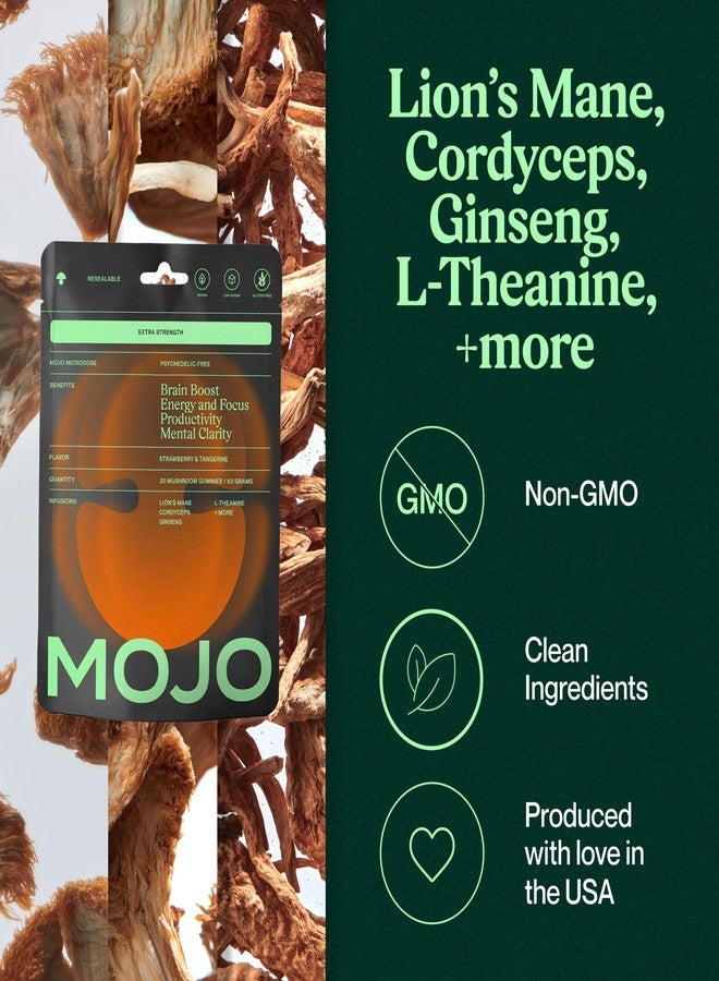 Mojo Extra Strength Focus Gummies with Lion’s Mane, Panax Ginseng, Ginger Root, Cordyceps, SAM-e, and Nootropics, Energy and Focus Supplement, Vegan, Strawberry Tangerine (2 Pack) - Image 2