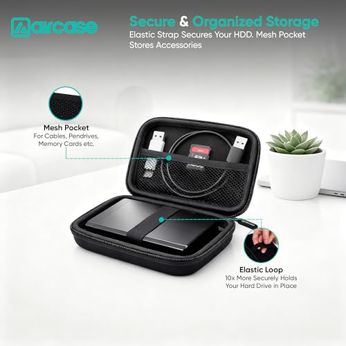 AirCase Rugged Hard Drive Case for 2.5-inches Western Digital, Seagate, Toshiba, Portable Storage Shell for Gadget Hard Disk USB Cable Power Bank Mobile Charger Earphone, Water Resistant (Black) - Image 3
