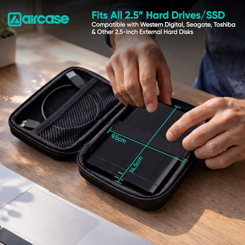 AirCase Rugged Hard Drive Case for 2.5-inches Western Digital, Seagate, Toshiba, Portable Storage Shell for Gadget Hard Disk USB Cable Power Bank Mobile Charger Earphone, Water Resistant (Black) - Image 4