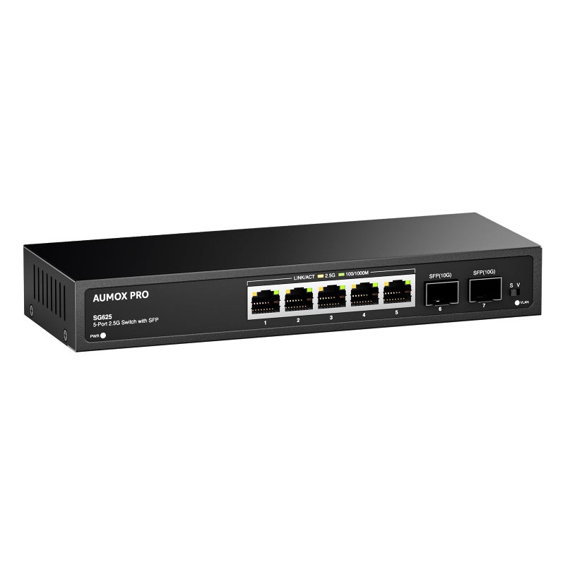 AUMOX PRO 7 Port 2.5Gb Unmanaged Ethernet Switch with 5* 2.5G Base-T Ports, 2*10G SFP Ports, AUMOX PRO 65 Gbps Vlan Switching Capacity Compatible with 100/1000/2500Mbps Plug and Play - Image 2
