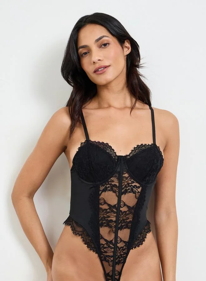 Take Two Black Lace Self-Design Bodysuit