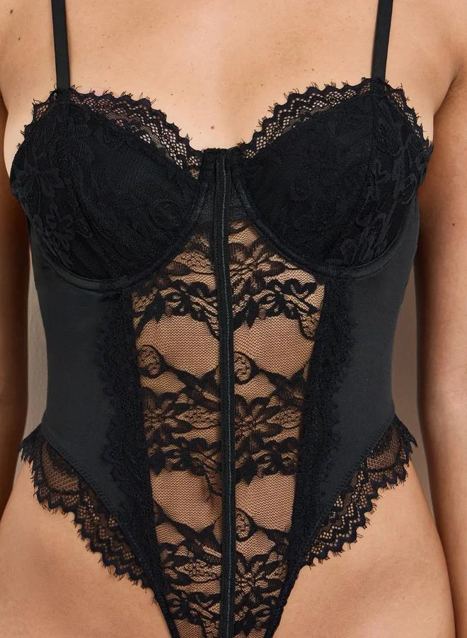 Take Two Black Lace Self-Design Bodysuit