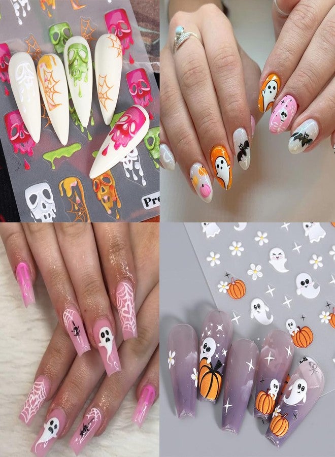 LRKNNO Halloween Nail Art Stickers - 8 Sheets 3D Self-Adhesive Nail Supplies With Ghost, Pumpkin, Skull Designs - Black White Spooky Horror Gothic Decals for Women DIY Nail Decor - Image 4