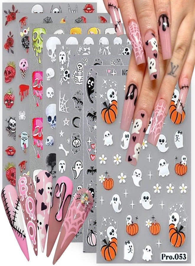 LRKNNO Halloween Nail Art Stickers - 8 Sheets 3D Self-Adhesive Nail Supplies With Ghost, Pumpkin, Skull Designs - Black White Spooky Horror Gothic Decals for Women DIY Nail Decor - Image 1