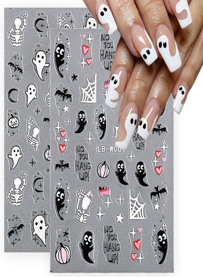 LRKNNO Halloween Nail Art Stickers - 8 Sheets 3D Self-Adhesive Nail Supplies With Ghost, Pumpkin, Skull Designs - Black White Spooky Horror Gothic Decals for Women DIY Nail Decor - Image 2
