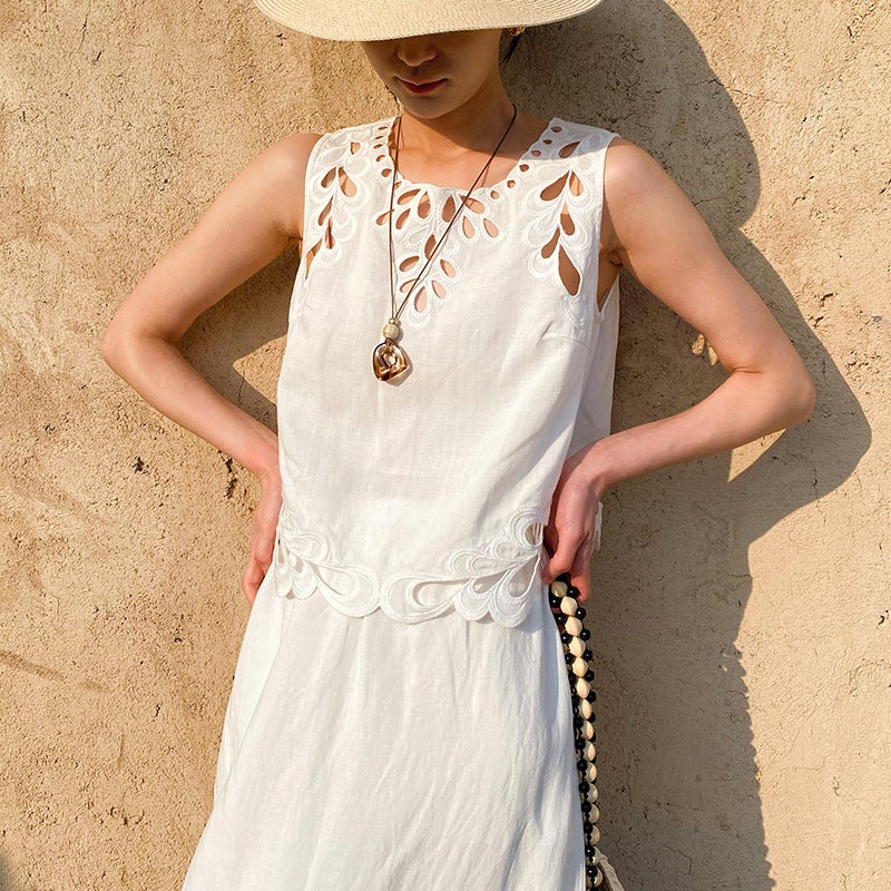 Women's Tencel Linen Hollow Embroidery Set – French Style Summer Top and Long Skirt