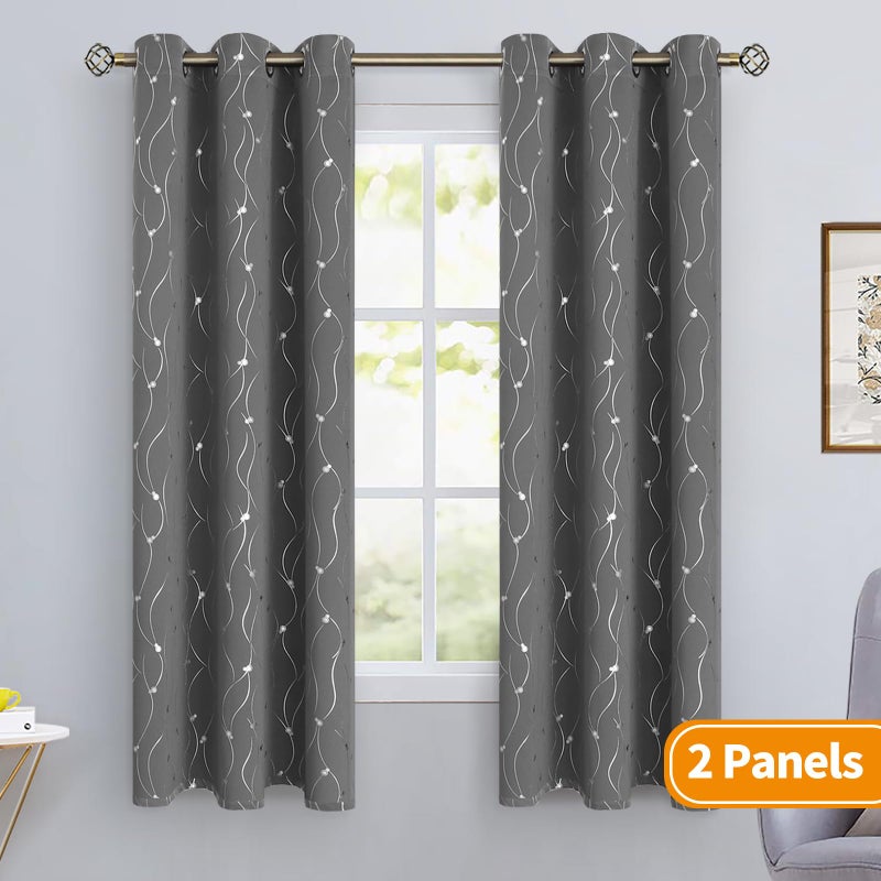 BGment Blackout Curtains 63 Inches Long  Grommet Thermal Insulated Blackout Curtains with Wave Line and Dots Printed for Bedroom  2 Panels  Each 38 x 63 Inch  Dark Grey - Image 2