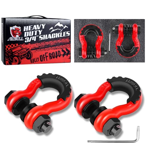 AMBULL أمبول شاكلي 3/4" حلقة د شاكلة (عبوة 2) قوة كسر 45,000 رطل مع دبوس 7/8"، براغي أمان مضادة للسرقة، مجموعات عازل وغسالة للاستخدام مع حزام السحب، ونش، شاحنة، استرداد المركبات، أحمر - Image 1