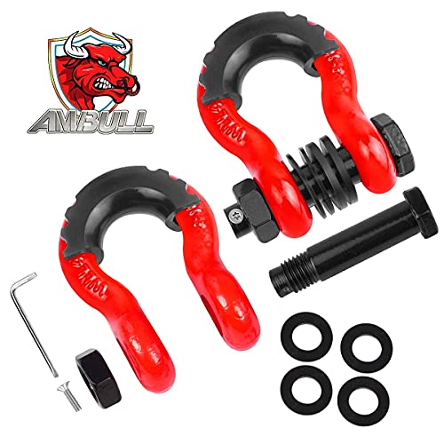 AMBULL أمبول شاكلي 3/4" حلقة د شاكلة (عبوة 2) قوة كسر 45,000 رطل مع دبوس 7/8"، براغي أمان مضادة للسرقة، مجموعات عازل وغسالة للاستخدام مع حزام السحب، ونش، شاحنة، استرداد المركبات، أحمر - Image 2