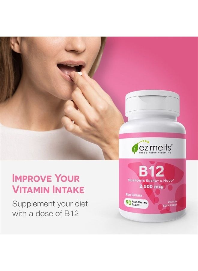 EZ Melts - Dissolvable B12 Vitamin 2,500 mcg, Methylcobalamin, Sugar-Free, 3-Month Supply - Image 1