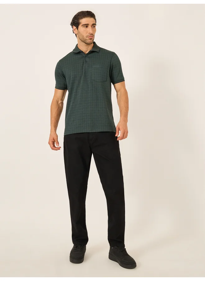 فورت كولينز Fort Collins Men Green Checked Pocket Detail Polo T-Shirt