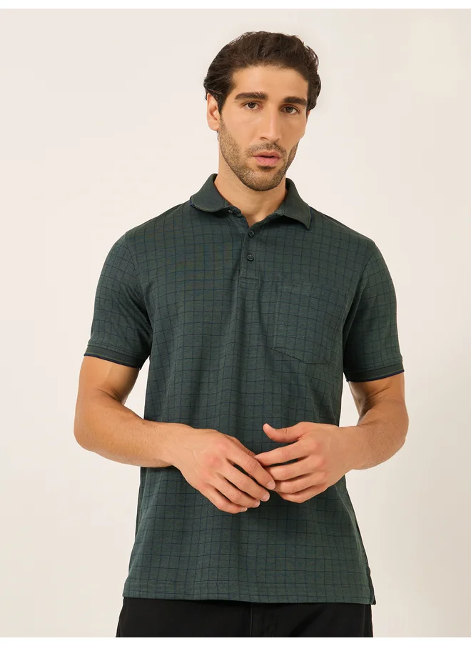 فورت كولينز Fort Collins Men Green Checked Pocket Detail Polo T-Shirt