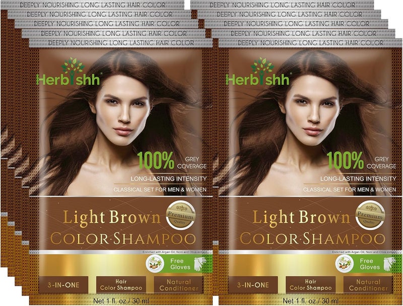 Herbishh Hair Color Shampoo For Gray Hair Dye Shampoo With Argan Hair Mask Travel Size-Colors Hair In Minutes Long Lasting Colour 30 ml x 10Pack Ammonia-Free (Light Brown) - Image 1