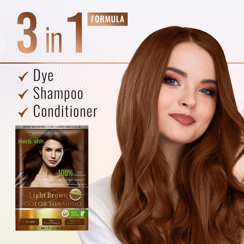 Herbishh Hair Color Shampoo For Gray Hair Dye Shampoo With Argan Hair Mask Travel Size-Colors Hair In Minutes Long Lasting Colour 30 ml x 10Pack Ammonia-Free (Light Brown) - Image 5