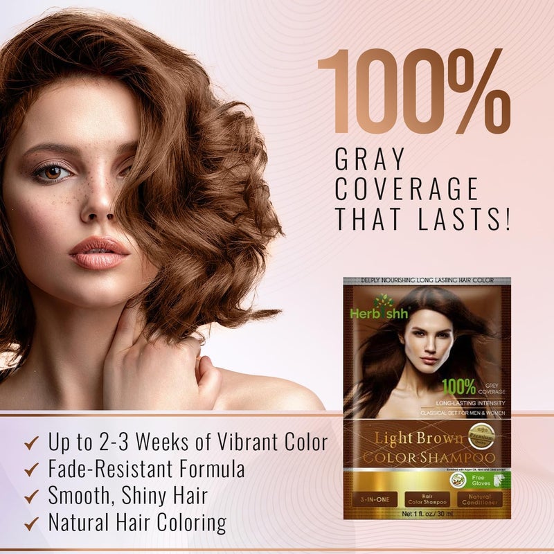 Herbishh Hair Color Shampoo For Gray Hair Dye Shampoo With Argan Hair Mask Travel Size-Colors Hair In Minutes Long Lasting Colour 30 ml x 10Pack Ammonia-Free (Light Brown) - Image 2