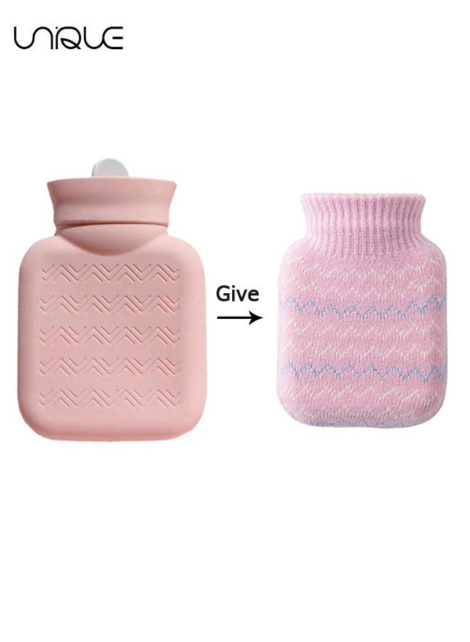 Unique 320ml Hot Water Bottle with Knited Cover, Mini Hot Water Bag for Pain Relief, Waist, Back, Neck, Shoulders, Small Leak Proof Hot Water Bottle with Removable Cover for Women, Kids, Best Gifts(Pink) - Image 1