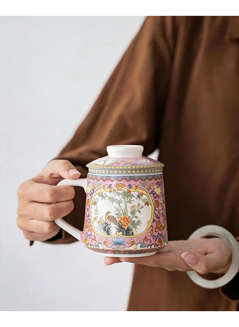 كوب شاي صيني تقليدي من البورسلين المطلي بالمينا من إم تي إتش تي، مزود بمصفاة وغطاء، بنقوش زهرية، سعة 420 مل، كوب شاي سيراميكي للشاي السائب، للمنزل والمكتب - Image 5