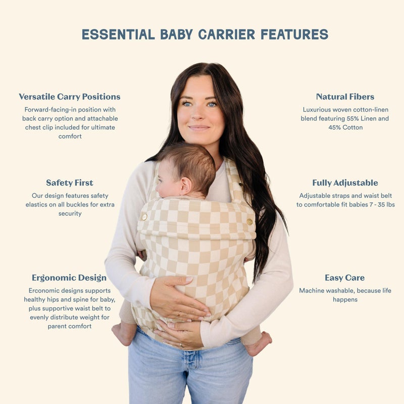 AVA + OLIVER Ava & Oliver Essential Baby Carrier â€“ Ergonomic, Hip-Healthy Soft Structured Carrier for Infants & Toddlers (7â€“35lbs) - Front and Back Carry, Breathable Fabric, Stylish & Lightweight (Almond Check) - Image 2