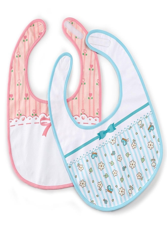 Littleforbig Cotton Waterproof Babydoll Printed Floral Adult Bib with Adjustable Hook-and-Loop Fastener Closure 2-Pack Pink and Blue - Image 2