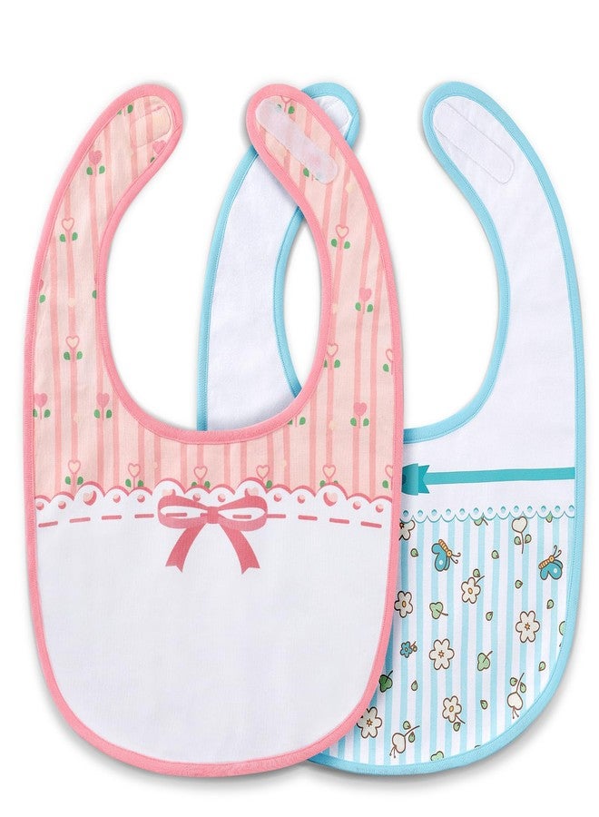 Littleforbig Cotton Waterproof Babydoll Printed Floral Adult Bib with Adjustable Hook-and-Loop Fastener Closure 2-Pack Pink and Blue - Image 1