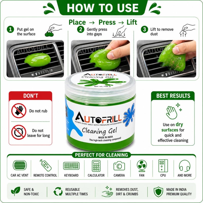 AUTOFRILL جل تنظيف لفتحات تكييف السيارة، منظف الغبار الداخلي، منظف لوحة المفاتيح، مجموعة جل التنظيف الفائق، مجموعة تنظي�� عالمية لداخل السيارة، لوحة المفاتيح، الكمبيوتر الشخصي، الكمبيوتر المحمول، مجموعة تنظيف السيارة، جل تنظيف السيارة (أخضر-160 جم) (عبوتين) - Image 4