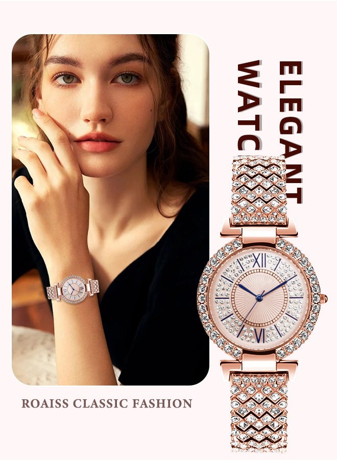 roaiss Women's Bracelet Strap Quartz Watch Analog Display Round Dial Watch with Full Rhinestone Decoration Waterproof Elegant Gift for Ladies  - Image 1