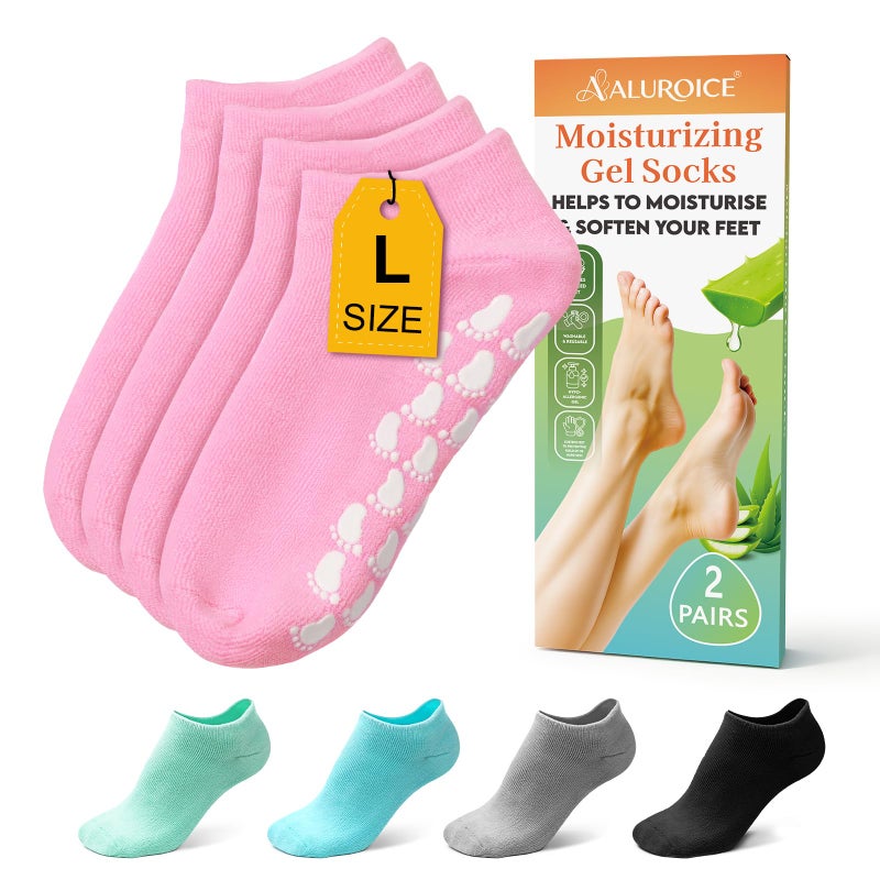 ALUROICE Silicone Moisturizing Socks for Women Large- 2Pairs Foot Moisturizer Socks for Dry Cracked Feet- Pink Aloe Spa Moisture Hydrating Foot Care Socks (L Up to Size 12) - Image 1