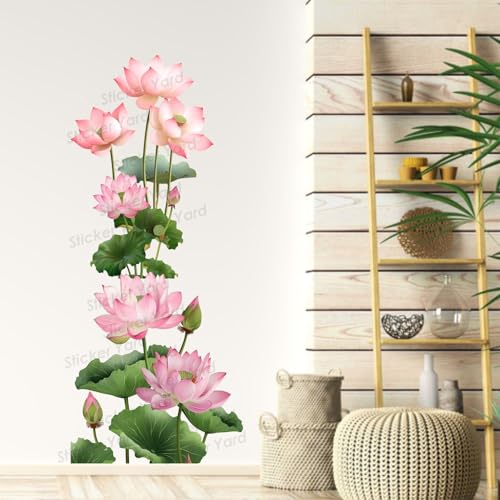 Sticker Yard PVC Vinyl Green Lotus Flower Floral Self-Adhesive Wall Sticker for Home Decor/Decoration - Living Room, Bedroom, Kids Room (Multicolor,Size 41X95CM) - Image 1