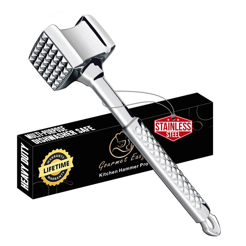 Gourmet Easy Stainless Steel Meat Tenderizer Tool Premium Meat Mallet with NonSlip Grip Dualsided Kitchen Mallet Ideal for Tenderizing Steak Poultry  Chicken Cutlet Dishwasher Safe with Lifetime Replacement