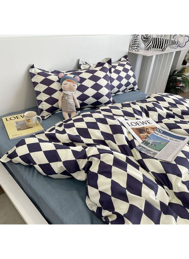 غطاء لحاف من القطن المغسول مكون من أربع قطع، غطاء لحاف فردي لسكن الطلاب، غطاء لحاف من ثلاث قطع، ملاءة سرير فردية - اللون: أزرق كلاين - المواصفات: 180 × 220 سم [غطاء لحاف فردي] - Image 1