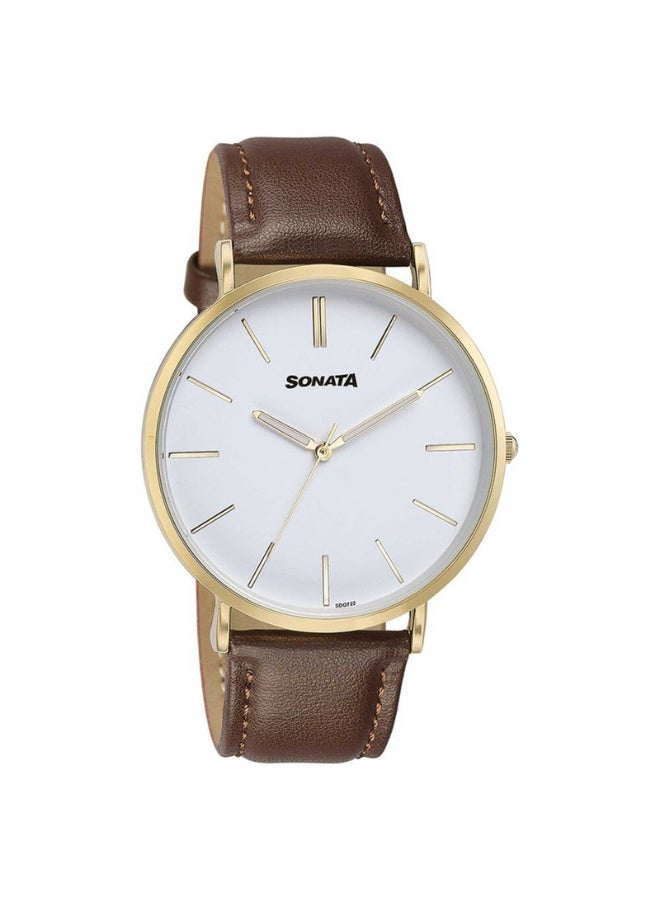 Sonata ساعة يد للرجال 77143YL01 - قرص أبيض، حزام جلد بني، حركة كوارتز، مقاومة للماء حتى 3 ATM - Image 2
