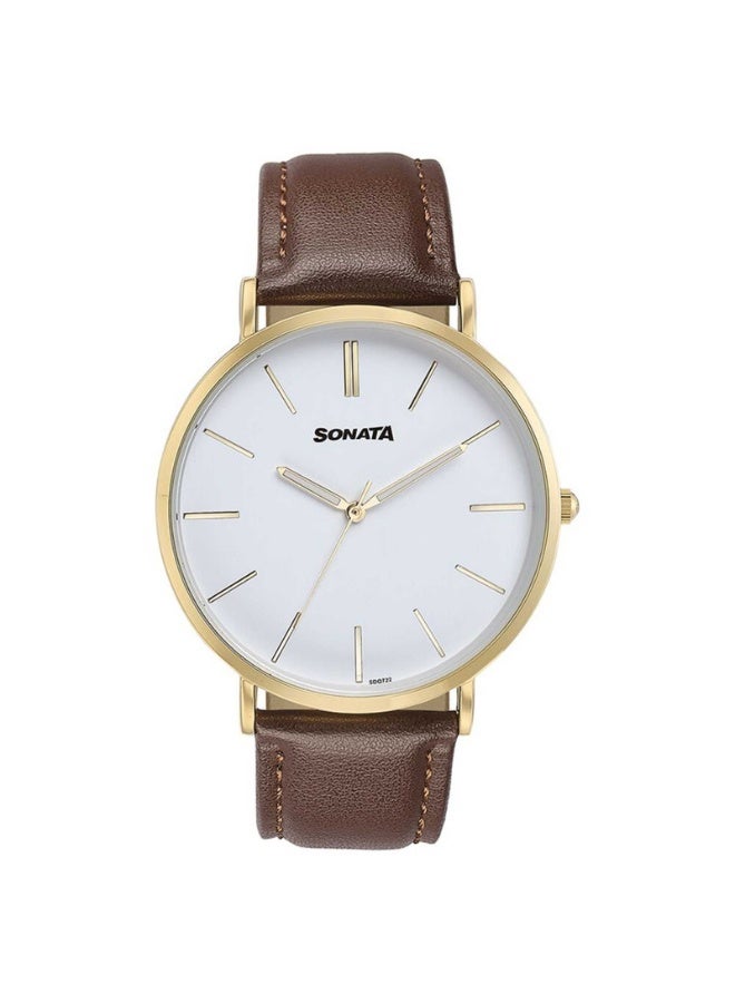 Sonata ساعة يد للرجال 77143YL01 - قرص أبيض، حزام جلد بني، حركة كوارتز، مقاومة للماء حتى 3 ATM - Image 1