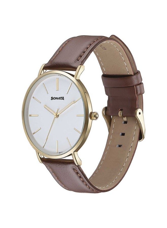Sonata ساعة يد للرجال 77143YL01 - قرص أبيض، حزام جلد بني، حركة كوارتز، مقاومة للماء حتى 3 ATM - Image 3