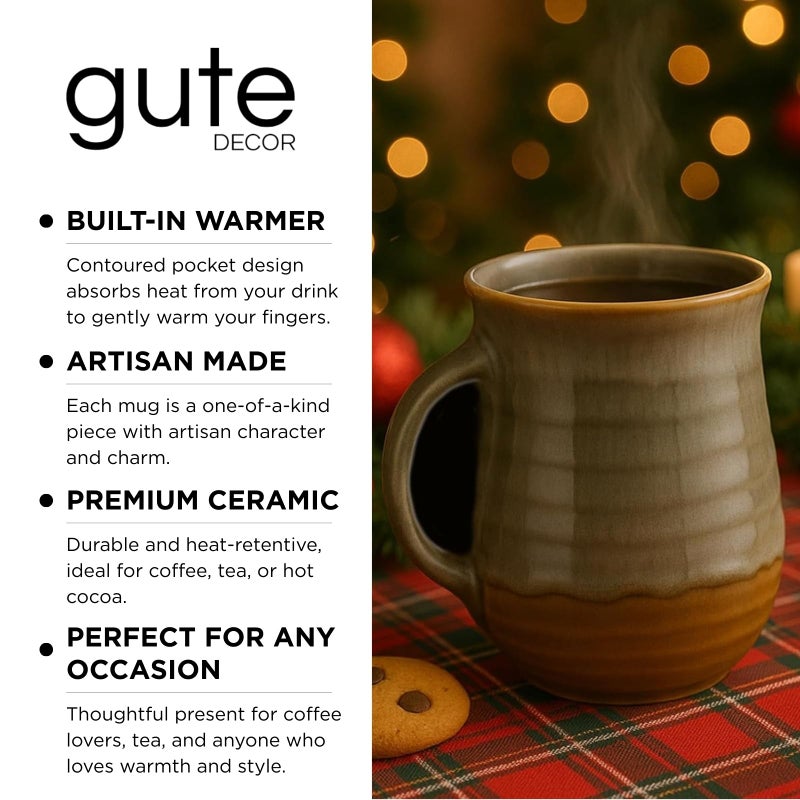 Gute Hand Warmer Mug, Handmade Pottery Ceramic and Hand Painted - The Contoured Pocket will Hold Warmth From The Heat Of Your Drink To Keep Your Fingers Warm, Comfy Handwarmer (Desert Green) (Left hand) - Image 5