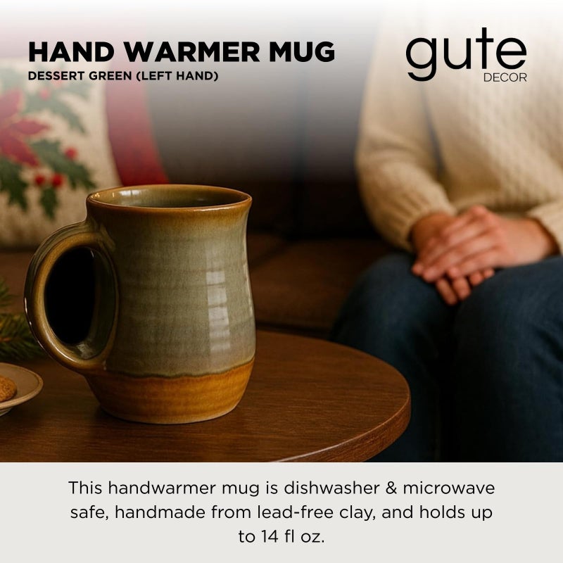Gute Hand Warmer Mug, Handmade Pottery Ceramic and Hand Painted - The Contoured Pocket will Hold Warmth From The Heat Of Your Drink To Keep Your Fingers Warm, Comfy Handwarmer (Desert Green) (Left hand) - Image 3