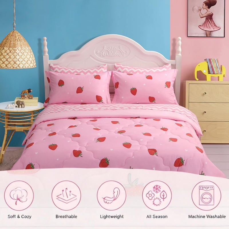 Gusuhome Strawberry Comforter Bedding Set Twin Size for Girls 7 Piece Pink Kawaii Comforter Set Bed in A Bag for Kids Teens All Season (1 Comforter,1 Flat Sheet,1 Fitted Sheet and 4 Pillow Sham) - Image 4
