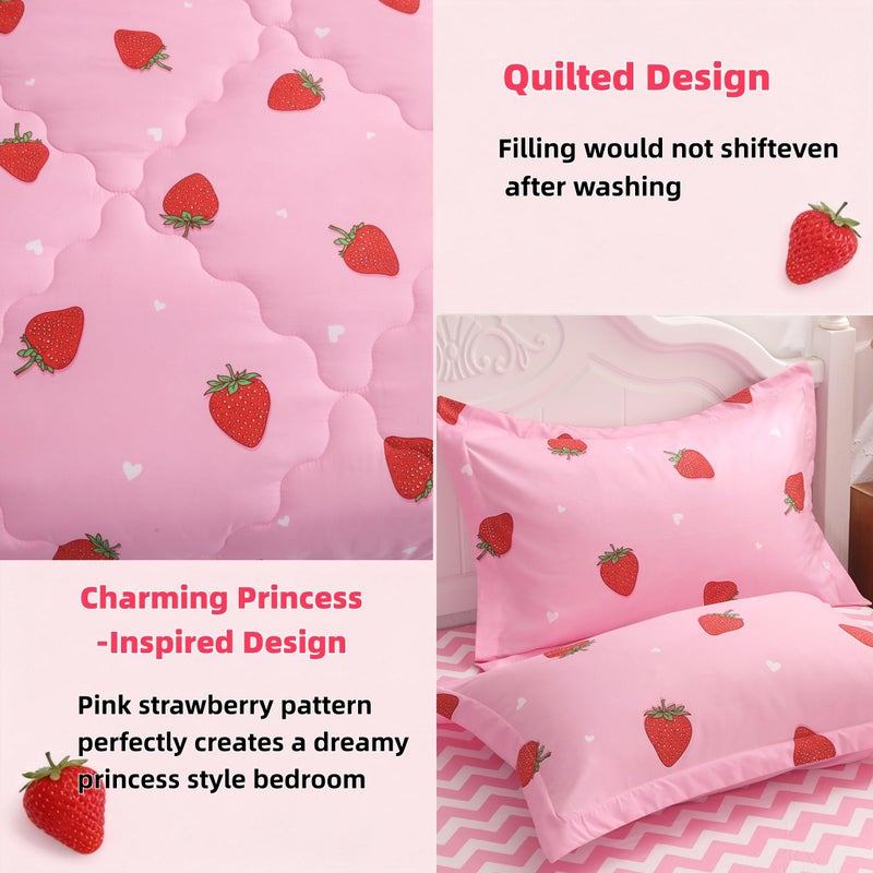 Gusuhome Strawberry Comforter Bedding Set Twin Size for Girls 7 Piece Pink Kawaii Comforter Set Bed in A Bag for Kids Teens All Season (1 Comforter,1 Flat Sheet,1 Fitted Sheet and 4 Pillow Sham) - Image 3