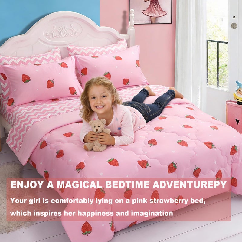 Gusuhome Strawberry Comforter Bedding Set Twin Size for Girls 7 Piece Pink Kawaii Comforter Set Bed in A Bag for Kids Teens All Season (1 Comforter,1 Flat Sheet,1 Fitted Sheet and 4 Pillow Sham) - Image 5