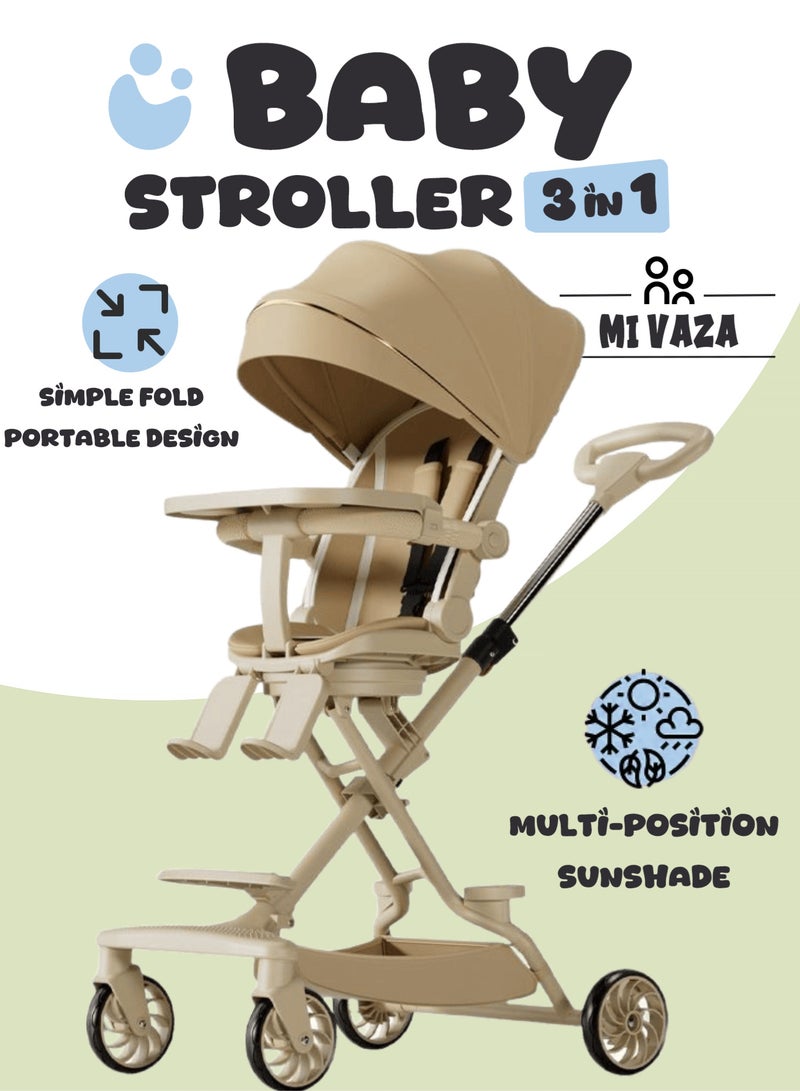 Mi VAZA Two-Way Push Trip Baby Stroller | Excellent Shocker | Forward & Parent Facing | Wide Cannopy & Seat | 5-Point Safety Harness | Multi-Position Recline | Adjustable Backrest | Extra Storage Space | Big Basket | Lightweight Easy Fold Compact Toddler Stroller and Baby Stroller forTravel | One Hand Easy Foldable Stroller | 6-36Months | Beige - Image 1