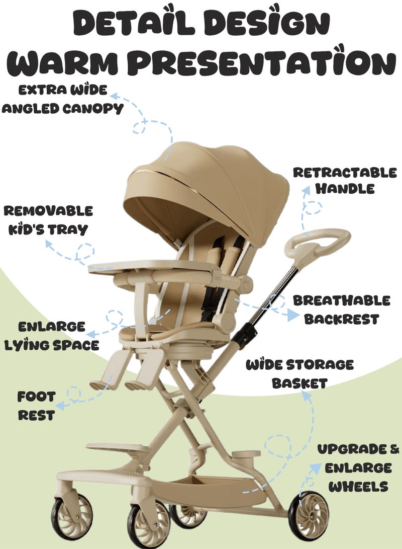 Mi VAZA Two-Way Push Trip Baby Stroller | Excellent Shocker | Forward & Parent Facing | Wide Cannopy & Seat | 5-Point Safety Harness | Multi-Position Recline | Adjustable Backrest | Extra Storage Space | Big Basket | Lightweight Easy Fold Compact Toddler Stroller and Baby Stroller forTravel | One Hand Easy Foldable Stroller | 6-36Months | Beige - Image 2