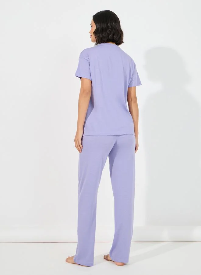 Styli Paradise Graphic Dropped Shoulder T-Shirt & Pyjama Set