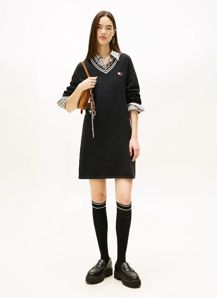 Contrast V Neck Long Sleeve Mini Dress